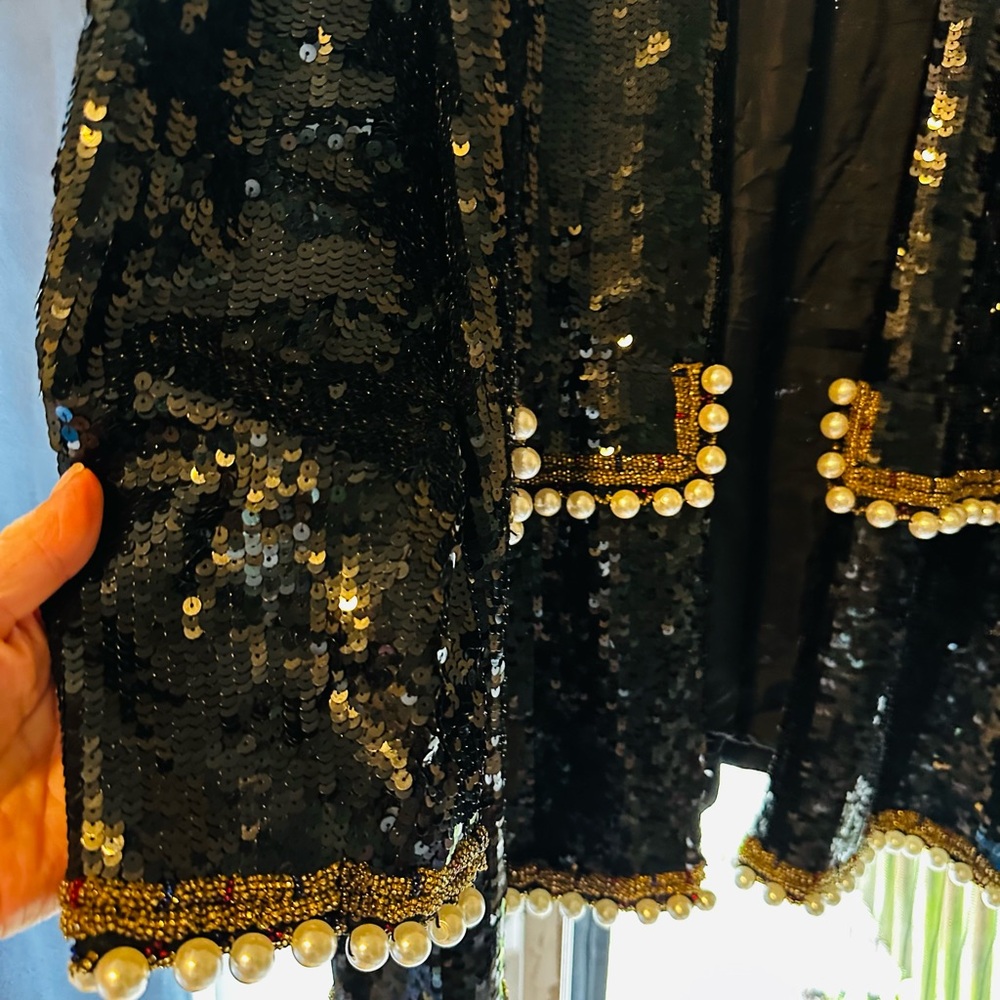Oleg Cassini Black Tie Vtg Sequin Beaded Luxury Jacket Pearl Details. XL - Picture 5 of 13
